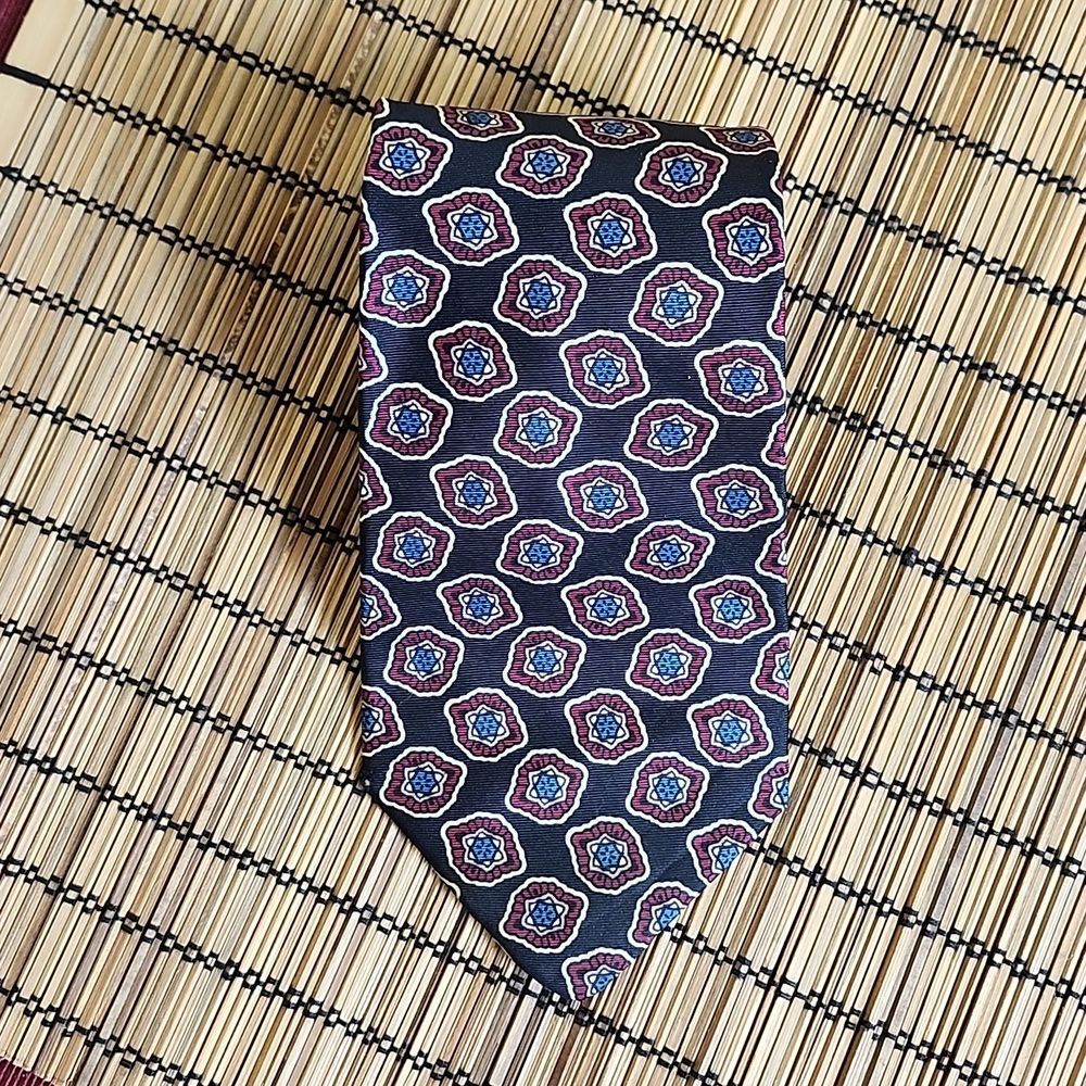 Vintage Saks Fifth Avenue Pure Silk Necktie, Maroon & Blue Abstract Medallion